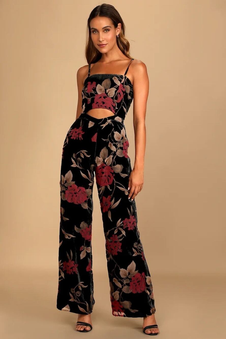 Lulus Fall Florals Black Floral Print Burnout Velvet Wide-Leg Jumpsuit Red Tan